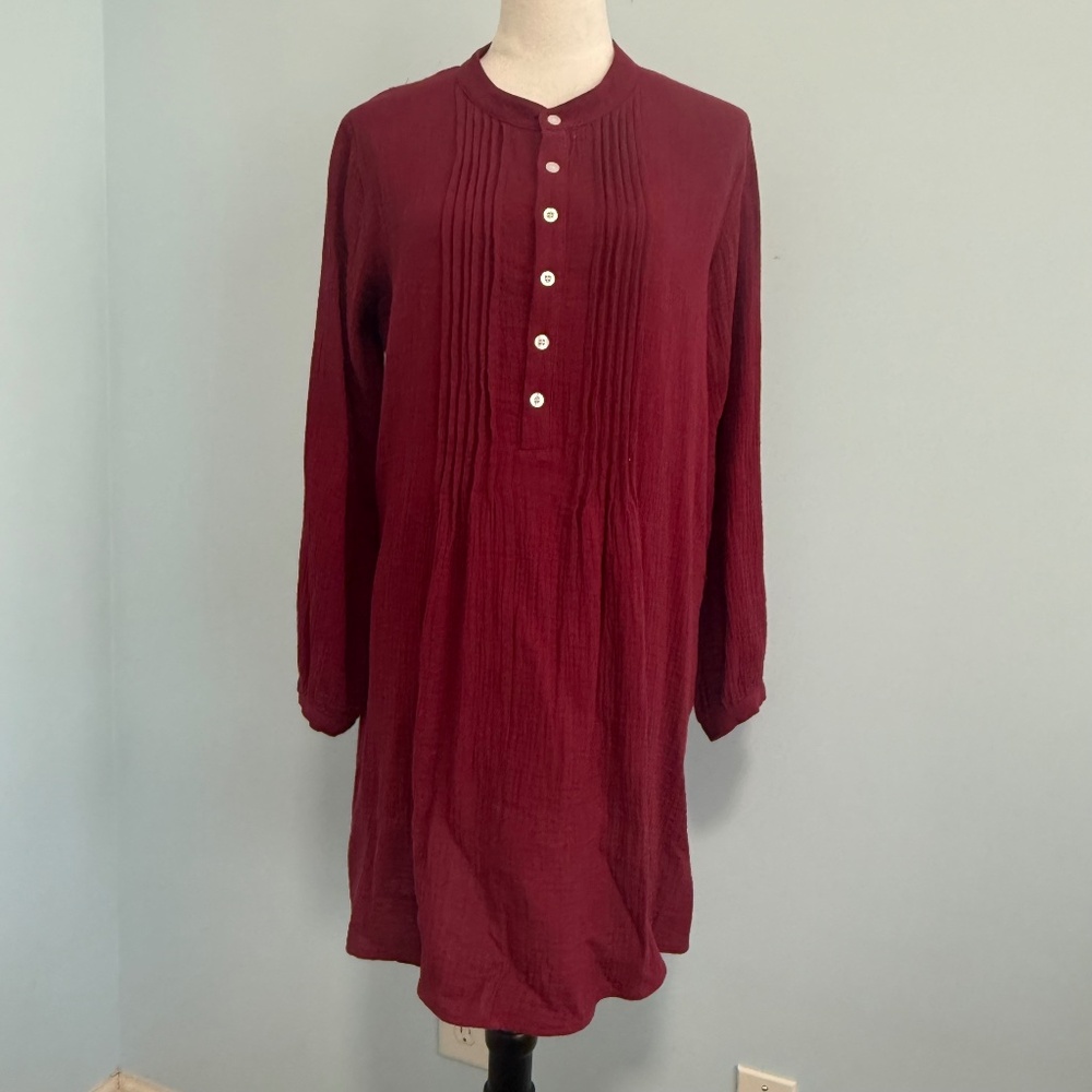 R. Vivimos Long Sleeve Half Button Burgundy Gauze Tunic‎ Dress Size L